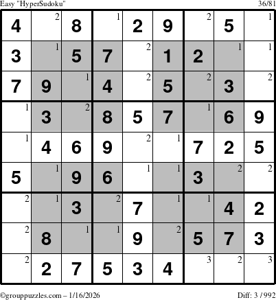 The grouppuzzles.com Easy HyperSudoku puzzle for Friday January 16, 2026 with the first 3 steps marked
