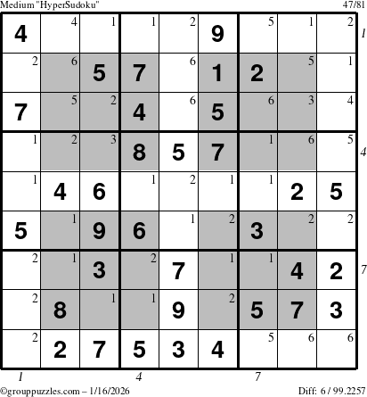 The grouppuzzles.com Medium HyperSudoku puzzle for Friday January 16, 2026 with all 6 steps marked