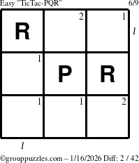 The grouppuzzles.com Easy TicTac-PQR puzzle for Friday January 16, 2026, suitable for printing, with all 2 steps marked