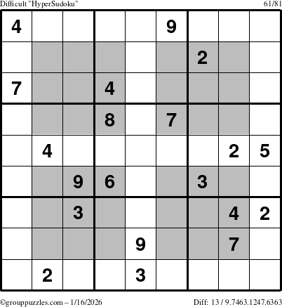 The grouppuzzles.com Difficult HyperSudoku puzzle for Friday January 16, 2026