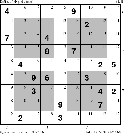 The grouppuzzles.com Difficult HyperSudoku puzzle for Friday January 16, 2026 with all 13 steps marked