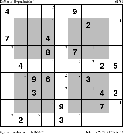 The grouppuzzles.com Difficult HyperSudoku puzzle for Friday January 16, 2026 with the first 3 steps marked