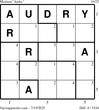 The grouppuzzles.com Medium Audry puzzle for Saturday July 19, 2025 with all 4 steps marked