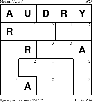 The grouppuzzles.com Medium Audry puzzle for Saturday July 19, 2025 with the first 3 steps marked