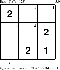The grouppuzzles.com Easy TicTac-123 puzzle for Saturday July 19, 2025, suitable for printing, with all 2 steps marked