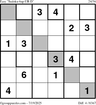 The grouppuzzles.com Easy Sudoku-6up-UR-D puzzle for Saturday July 19, 2025