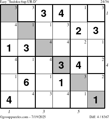 The grouppuzzles.com Easy Sudoku-6up-UR-D puzzle for Saturday July 19, 2025, suitable for printing, with all 4 steps marked