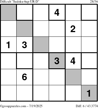 The grouppuzzles.com Difficult Sudoku-6up-UR-D puzzle for Saturday July 19, 2025