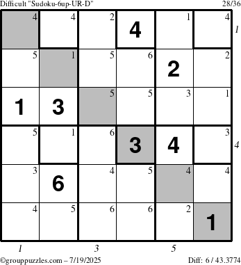 The grouppuzzles.com Difficult Sudoku-6up-UR-D puzzle for Saturday July 19, 2025 with all 6 steps marked