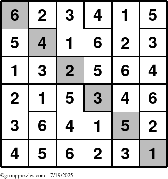 The grouppuzzles.com Answer grid for the Sudoku-6up-UR-D puzzle for Saturday July 19, 2025