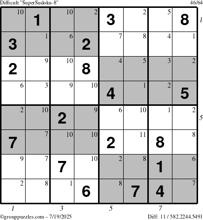 The grouppuzzles.com Difficult SuperSudoku-8 puzzle for Saturday July 19, 2025 with all 11 steps marked