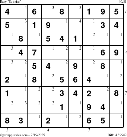 The grouppuzzles.com Easy Sudoku puzzle for Saturday July 19, 2025 with all 4 steps marked