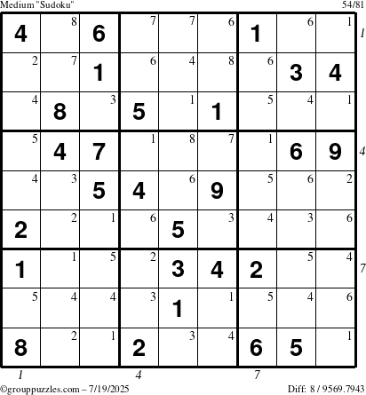The grouppuzzles.com Medium Sudoku puzzle for Saturday July 19, 2025, suitable for printing, with all 8 steps marked