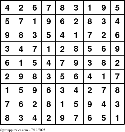 The grouppuzzles.com Answer grid for the Sudoku puzzle for Saturday July 19, 2025