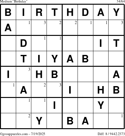 The grouppuzzles.com Medium Birthday puzzle for Saturday July 19, 2025 with the first 3 steps marked