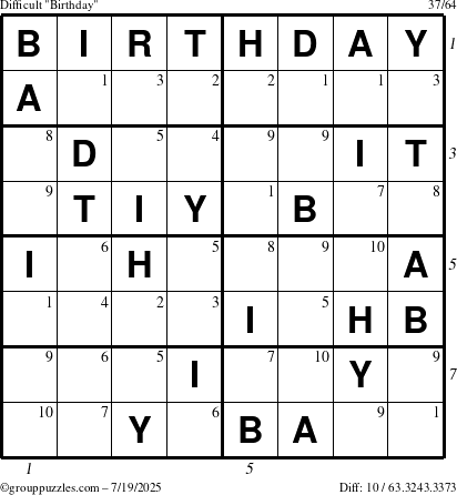 The grouppuzzles.com Difficult Birthday puzzle for Saturday July 19, 2025 with all 10 steps marked