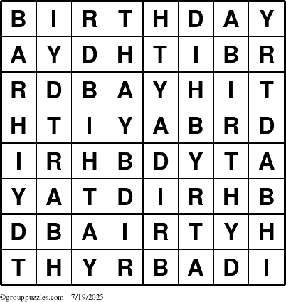 The grouppuzzles.com Answer grid for the Birthday puzzle for Saturday July 19, 2025