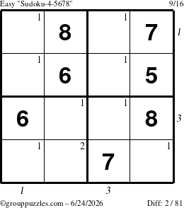 The grouppuzzles.com Easy Sudoku-4-5678 puzzle for Wednesday June 24, 2026 with all 2 steps marked