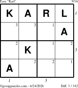 The grouppuzzles.com Easy Karl puzzle for Wednesday June 24, 2026, suitable for printing, with all 3 steps marked