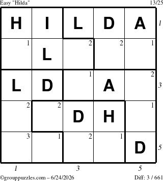 The grouppuzzles.com Easy Hilda puzzle for Wednesday June 24, 2026 with all 3 steps marked