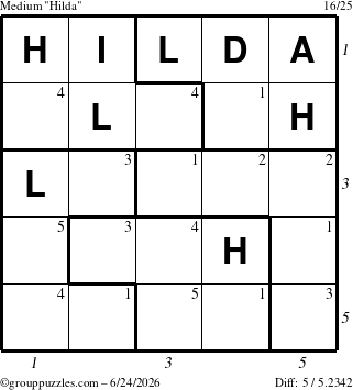 The grouppuzzles.com Medium Hilda puzzle for Wednesday June 24, 2026, suitable for printing, with all 5 steps marked