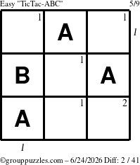 The grouppuzzles.com Easy TicTac-ABC puzzle for Wednesday June 24, 2026, suitable for printing, with all 2 steps marked
