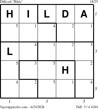 The grouppuzzles.com Difficult Hilda puzzle for Wednesday June 24, 2026, suitable for printing, with all 5 steps marked