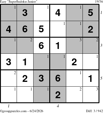 The grouppuzzles.com Easy SuperSudoku-Junior puzzle for Wednesday June 24, 2026, suitable for printing, with all 3 steps marked