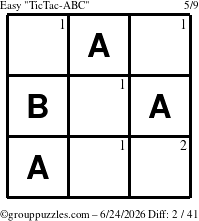 The grouppuzzles.com Easy TicTac-ABC puzzle for Wednesday June 24, 2026 with the first 2 steps marked
