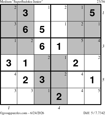 The grouppuzzles.com Medium SuperSudoku-Junior puzzle for Wednesday June 24, 2026, suitable for printing, with all 5 steps marked