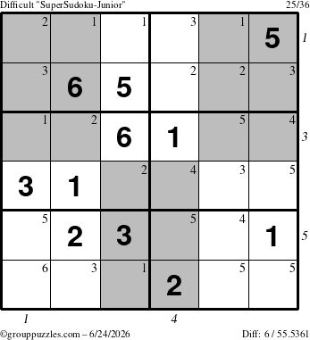 The grouppuzzles.com Difficult SuperSudoku-Junior puzzle for Wednesday June 24, 2026, suitable for printing, with all 6 steps marked