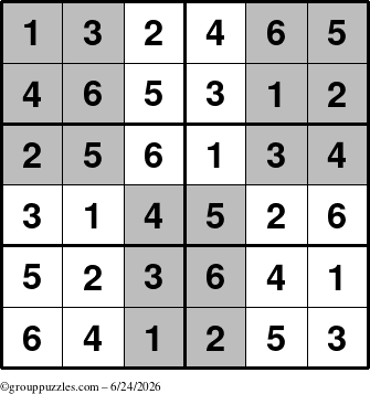 The grouppuzzles.com Answer grid for the SuperSudoku-Junior puzzle for Wednesday June 24, 2026