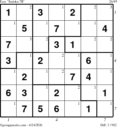 The grouppuzzles.com Easy Sudoku-7B puzzle for Wednesday June 24, 2026 with all 3 steps marked