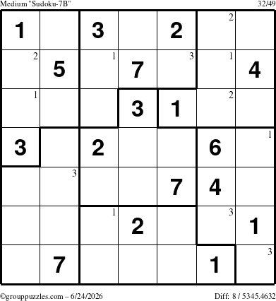 The grouppuzzles.com Medium Sudoku-7B puzzle for Wednesday June 24, 2026 with the first 3 steps marked
