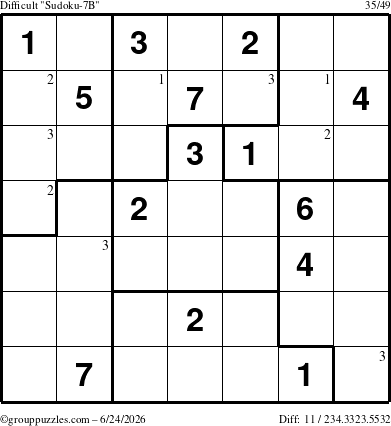 The grouppuzzles.com Difficult Sudoku-7B puzzle for Wednesday June 24, 2026 with the first 3 steps marked