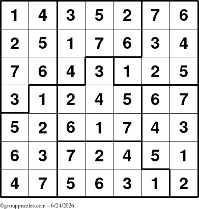 The grouppuzzles.com Answer grid for the Sudoku-7B puzzle for Wednesday June 24, 2026