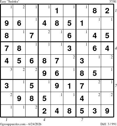 The grouppuzzles.com Easy Sudoku puzzle for Wednesday June 24, 2026 with all 3 steps marked