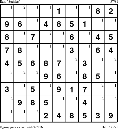 The grouppuzzles.com Easy Sudoku puzzle for Wednesday June 24, 2026 with the first 3 steps marked