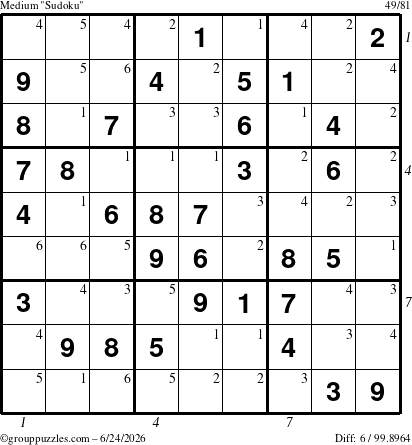 The grouppuzzles.com Medium Sudoku puzzle for Wednesday June 24, 2026, suitable for printing, with all 6 steps marked