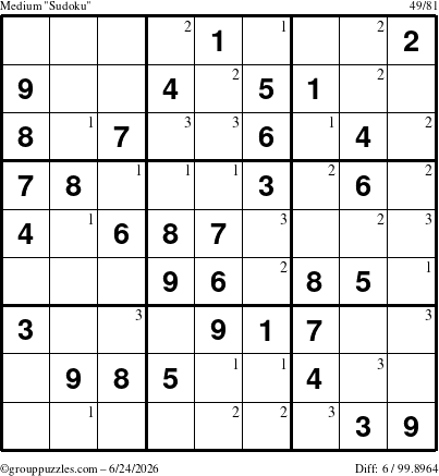 The grouppuzzles.com Medium Sudoku puzzle for Wednesday June 24, 2026 with the first 3 steps marked