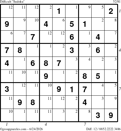 The grouppuzzles.com Difficult Sudoku puzzle for Wednesday June 24, 2026 with all 12 steps marked