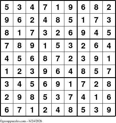 The grouppuzzles.com Answer grid for the Sudoku puzzle for Wednesday June 24, 2026