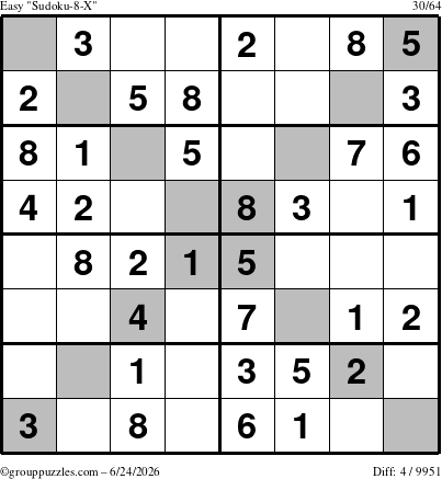 The grouppuzzles.com Easy Sudoku-8-X puzzle for Wednesday June 24, 2026