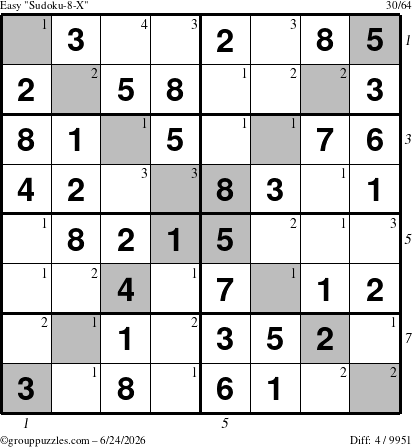 The grouppuzzles.com Easy Sudoku-8-X puzzle for Wednesday June 24, 2026, suitable for printing, with all 4 steps marked