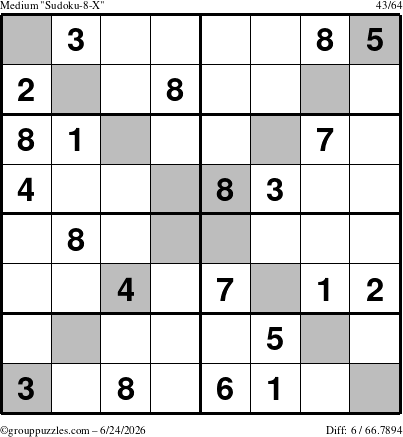 The grouppuzzles.com Medium Sudoku-8-X puzzle for Wednesday June 24, 2026