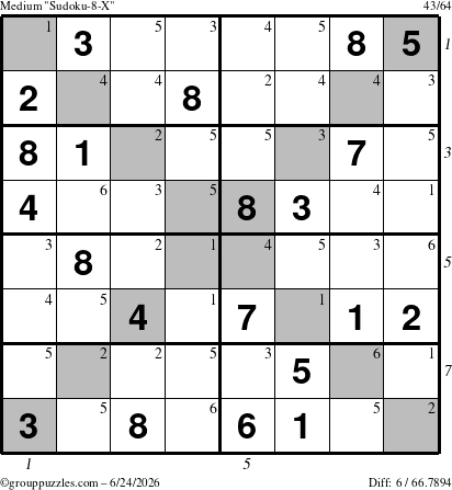 The grouppuzzles.com Medium Sudoku-8-X puzzle for Wednesday June 24, 2026 with all 6 steps marked