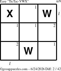 The grouppuzzles.com Easy TicTac-VWX puzzle for Wednesday June 24, 2026, suitable for printing, with all 2 steps marked