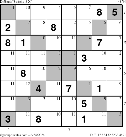 The grouppuzzles.com Difficult Sudoku-8-X puzzle for Wednesday June 24, 2026 with all 12 steps marked