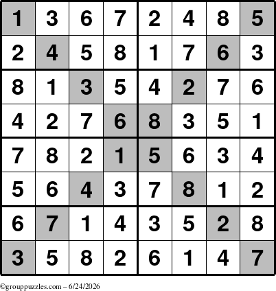 The grouppuzzles.com Answer grid for the Sudoku-8-X puzzle for Wednesday June 24, 2026
