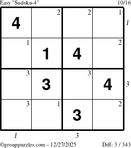 The grouppuzzles.com Easy Sudoku-4 puzzle for Saturday December 27, 2025, suitable for printing, with all 3 steps marked